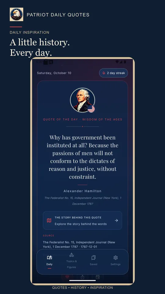 Patriot Daily Quotes daily screen showing an Alexander Hamilton quote from The Federalist No. 15